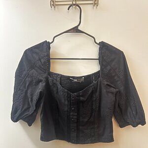 zara eyelet short sleeve crop top black buttons